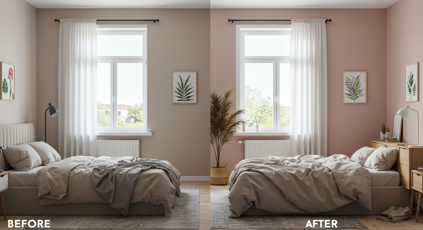 A cozy bedroom showing a 'before' and 'after' transformation. The 'before' side features dull, outdated walls, while the 'after' side showcases a fresh, modern color palette with matching decor.