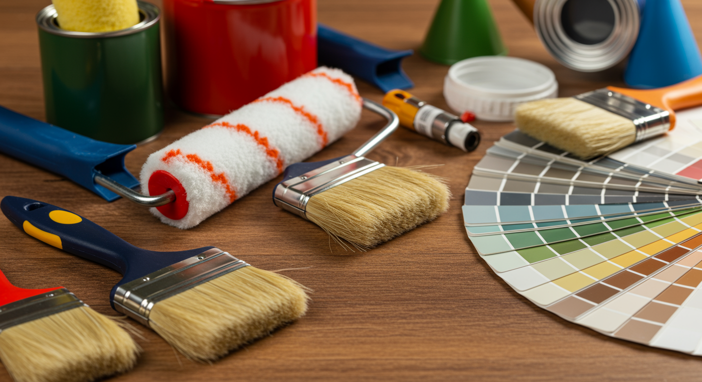 A close-up shot of high-quality painting tools, including paint rollers, brushes, paint cans, and a color palette, neatly arranged on a wooden surface.