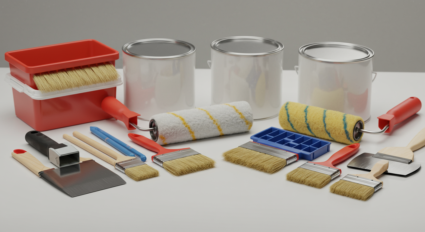 A neatly arranged set of painting tools and supplies, including brushes, rollers, and paint cans, on a clean surface. This image emphasizes professionalism and readiness for a painting project.