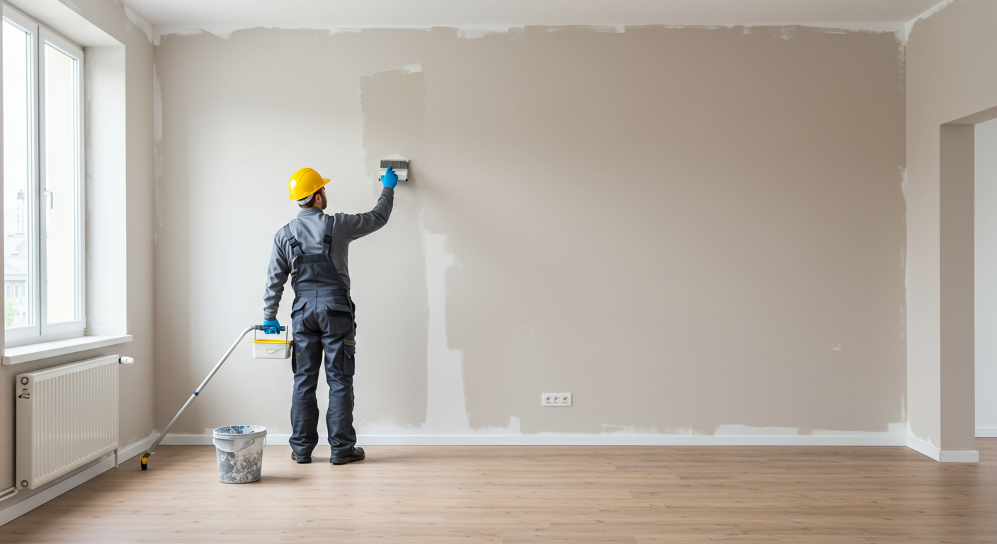 A skilled painter in a clean uniform is applying a fresh coat of paint to a living room wall. The room is well-lit, showcasing the transformation of the space with vibrant colors.
