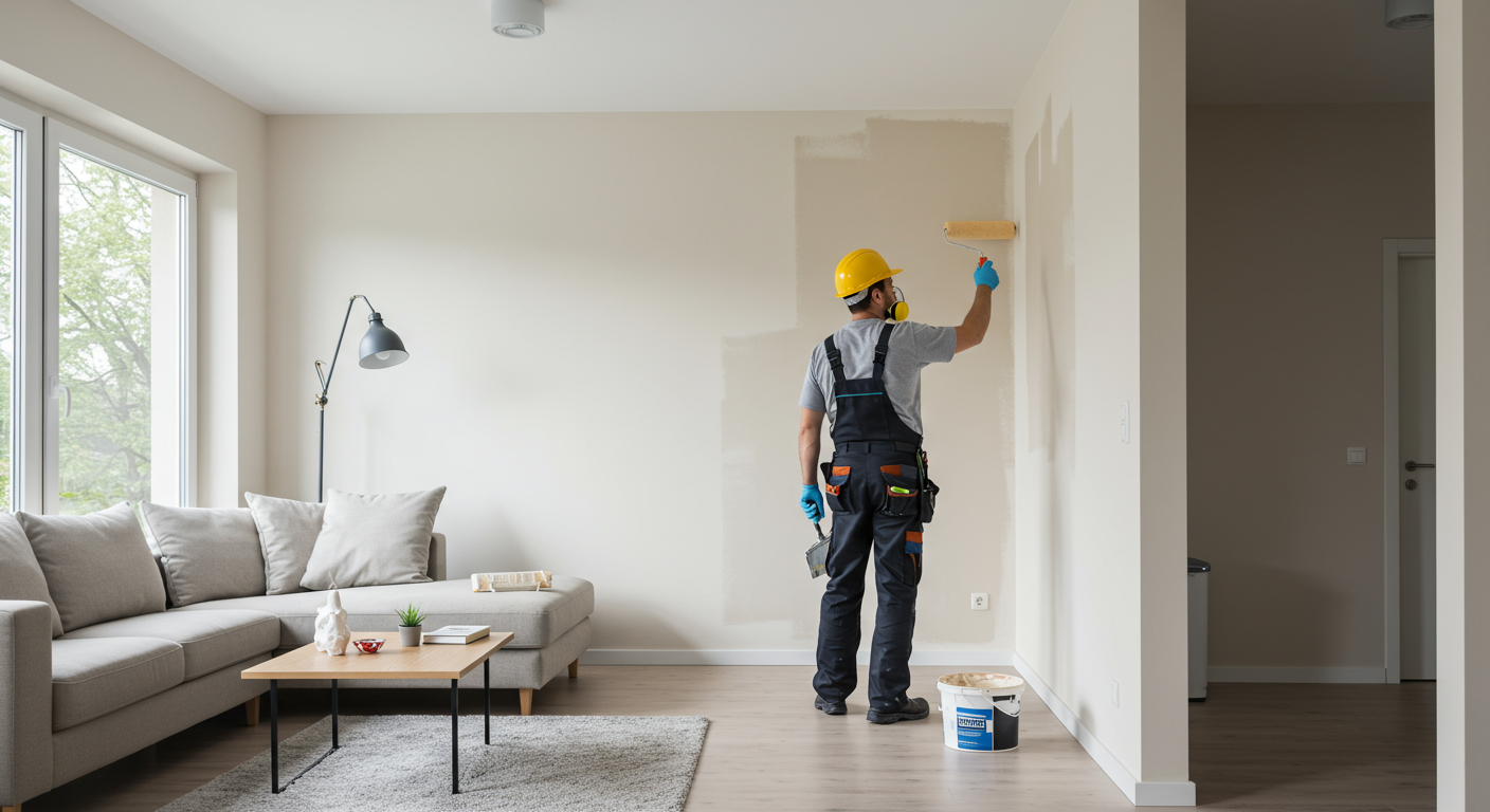 A professional painter wearing a uniform and safety gear, carefully painting a wall with a roller in a modern, well-lit living room. The room features neutral tones with clean lines, showcasing professionalism and precision.
