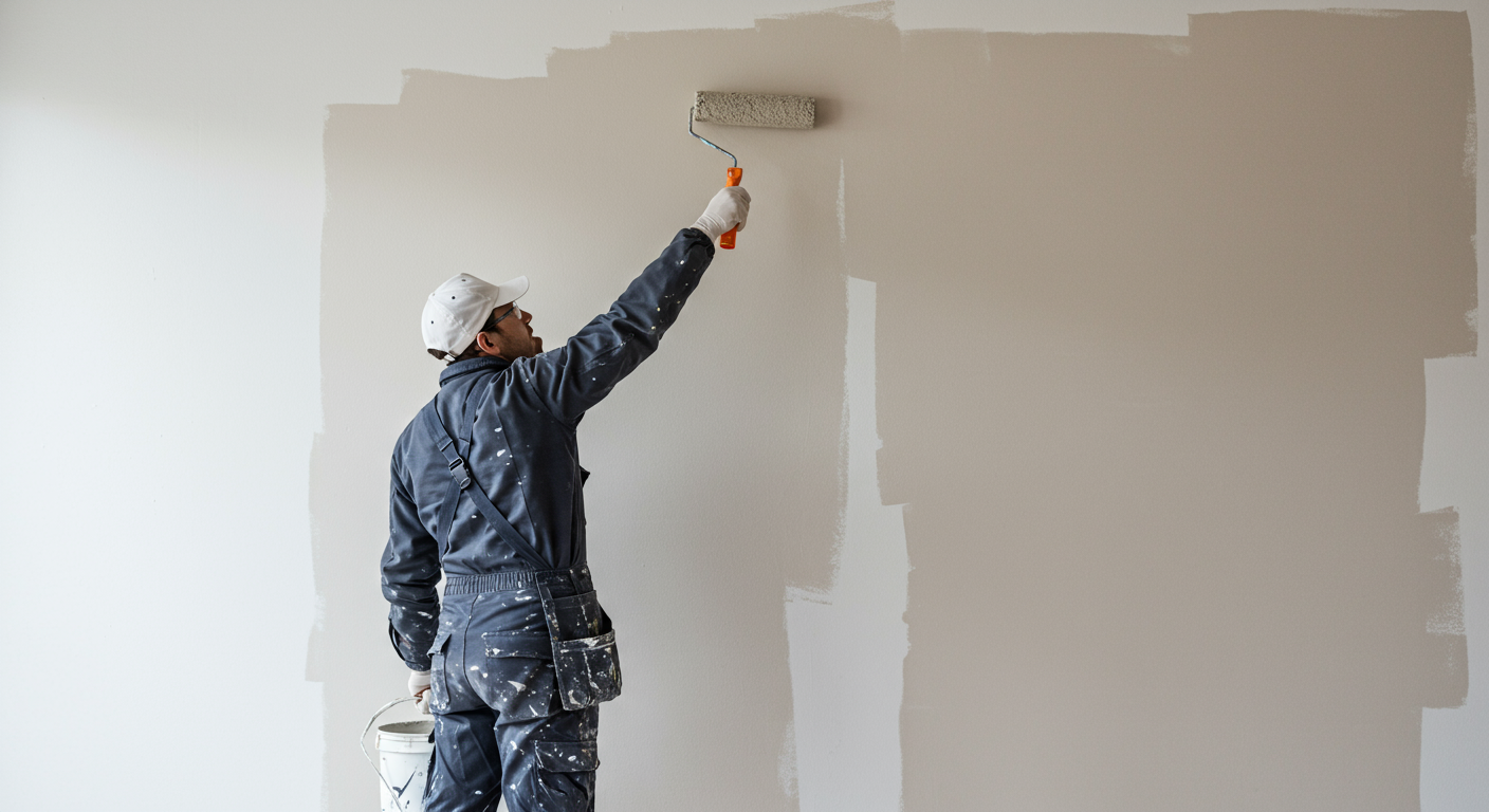 A professional painter in action, applying paint to a wall with a roller. The painter is wearing protective gear, showcasing professionalism and safety in the painting process.
