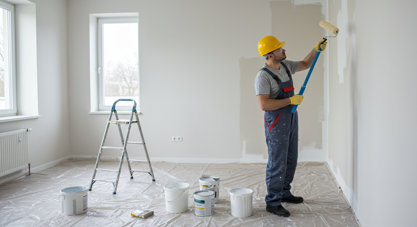 A professional painter in action, carefully painting a wall with a roller. The background shows a well-prepared room with drop cloths and paint cans, emphasizing the painting process.