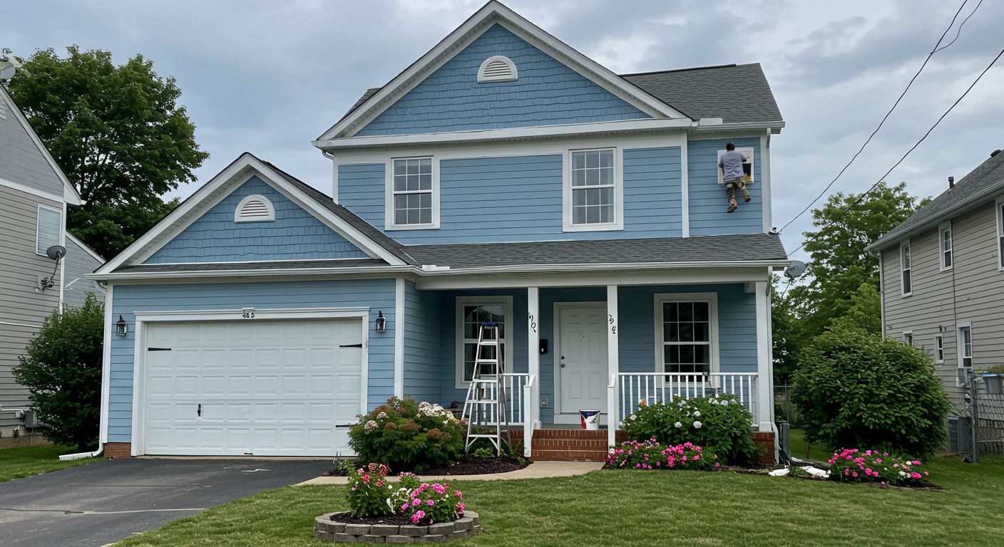 A charming suburban home in Huber Heights with a fresh coat of paint in a soft blue color with white accents. A painter is seen on a ladder carefully painting the trim.