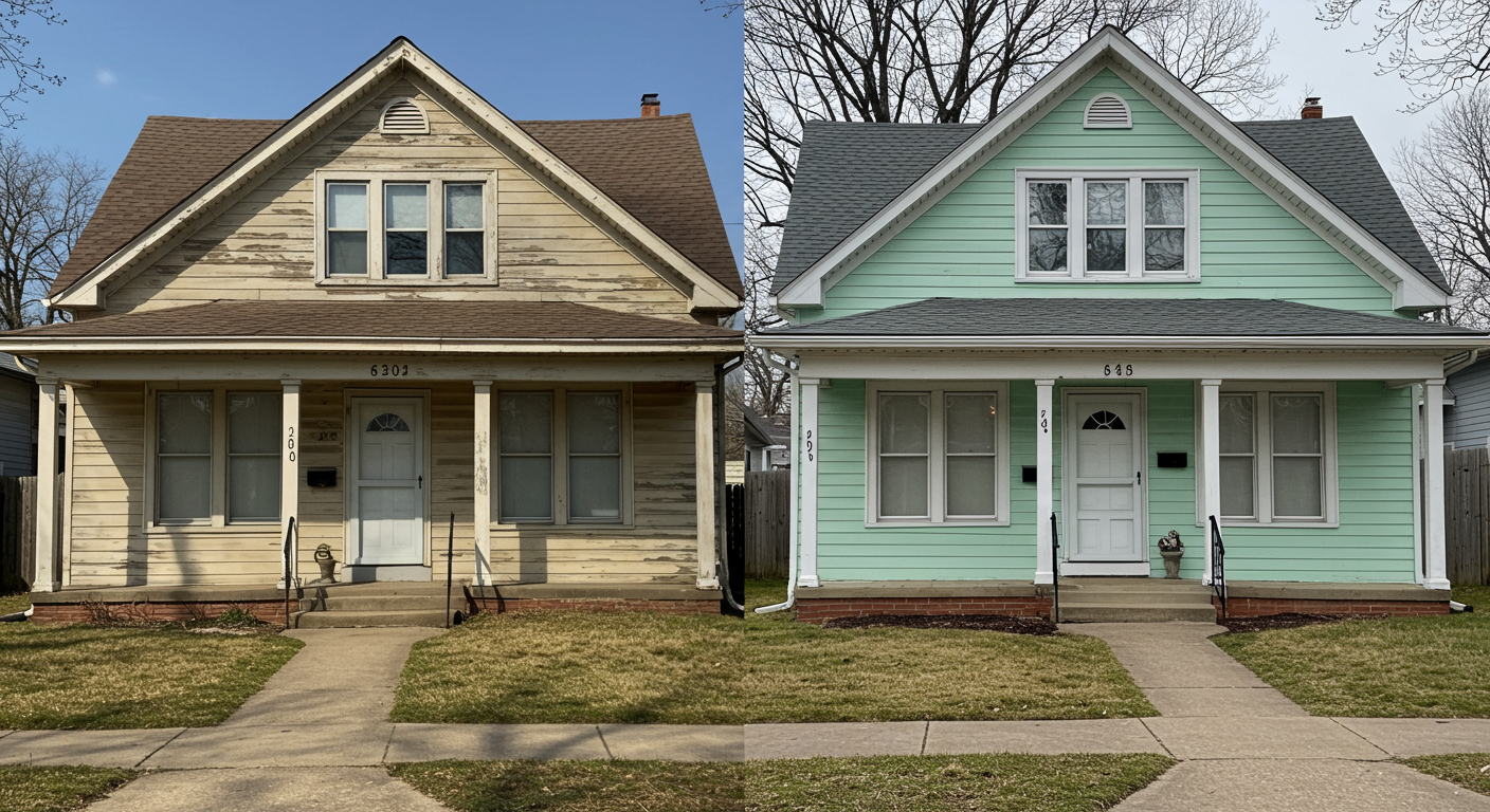 A vibrant before-and-after image of a house in Huber Heights, OH, showcasing a freshly painted exterior. The 'before' side shows a faded, weathered look, while the 'after' side highlights a bright, clean, and modern color scheme.