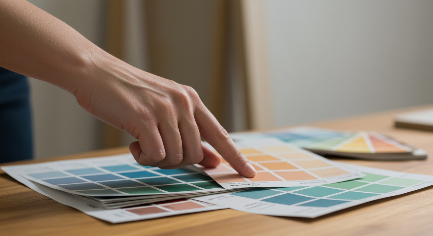A close-up of paint swatches laid out on a table, with a hand selecting a color. The background features a partially painted wall, indicating the decision-making process in choosing the right color for interior spaces.