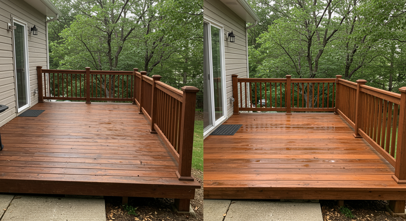 A side-by-side comparison of a deck before and after staining. The left side shows a weathered deck, while the right side displays a beautifully stained deck that enhances the outdoor space.