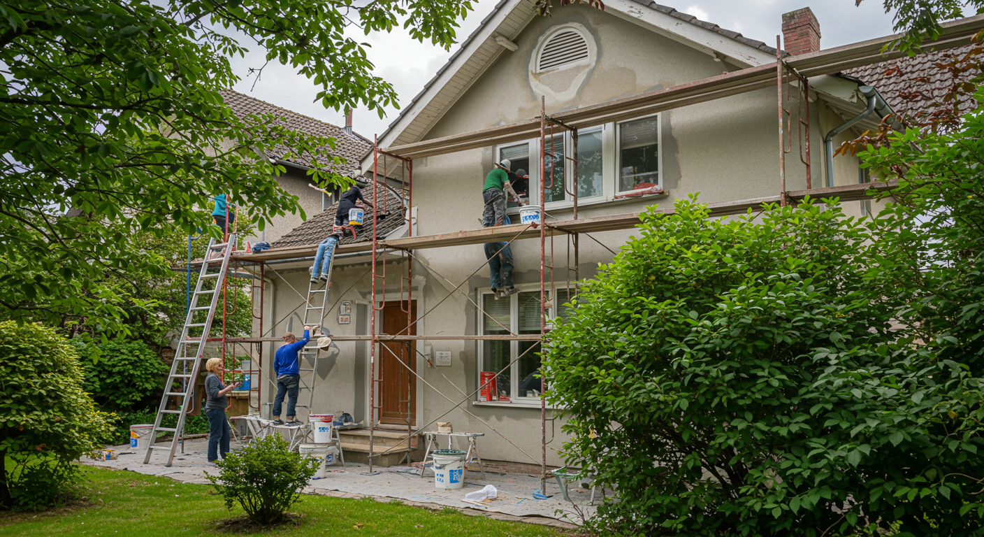 A vibrant scene of a house being painted on the exterior, with scaffolding and painters at work. The house is surrounded by greenery, emphasizing the transformation of the property.
