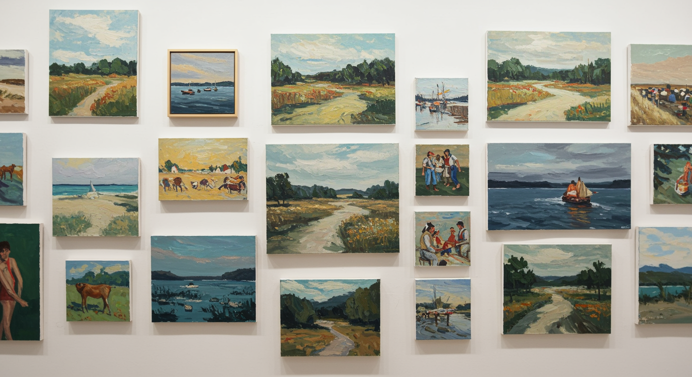 A gallery of completed painting projects displayed on a wall, showcasing various styles and color choices.