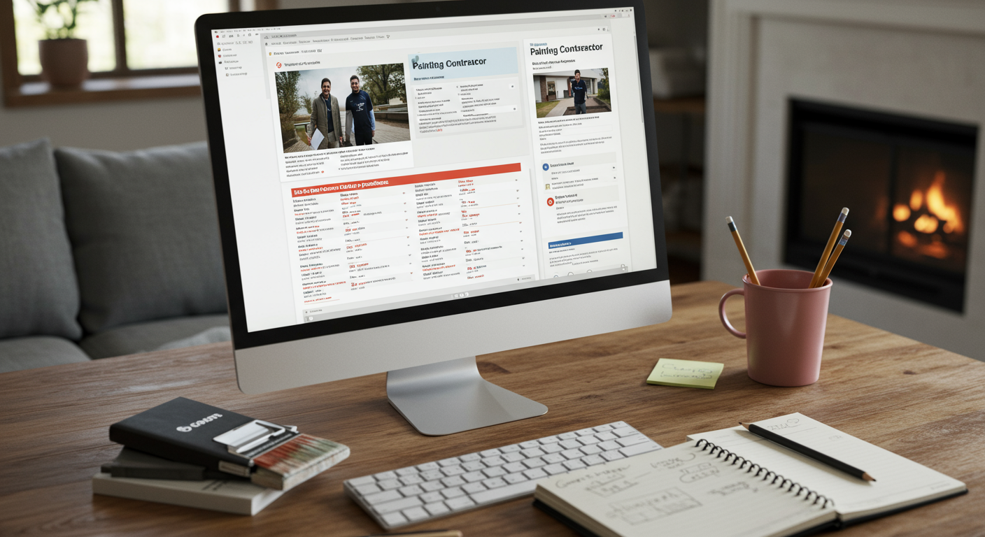 A visually appealing collage of job postings for painting contractor positions, featuring a computer screen displaying job listings with a notepad and pencil beside it.