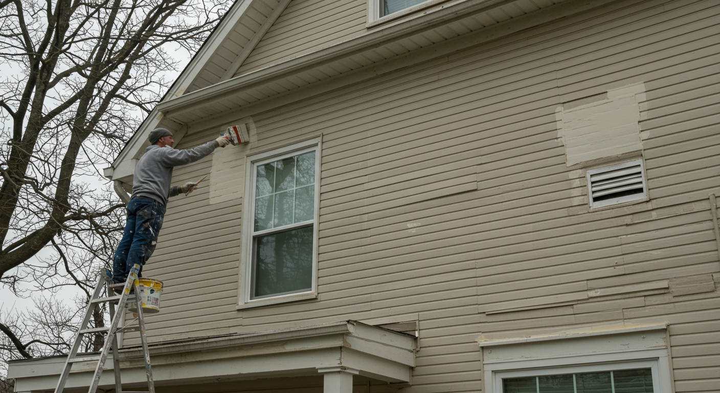A skilled painter applying a fresh coat of paint to the exterior of a charming Kettering home. The scene captures the painter in action, showcasing their focus and professionalism.