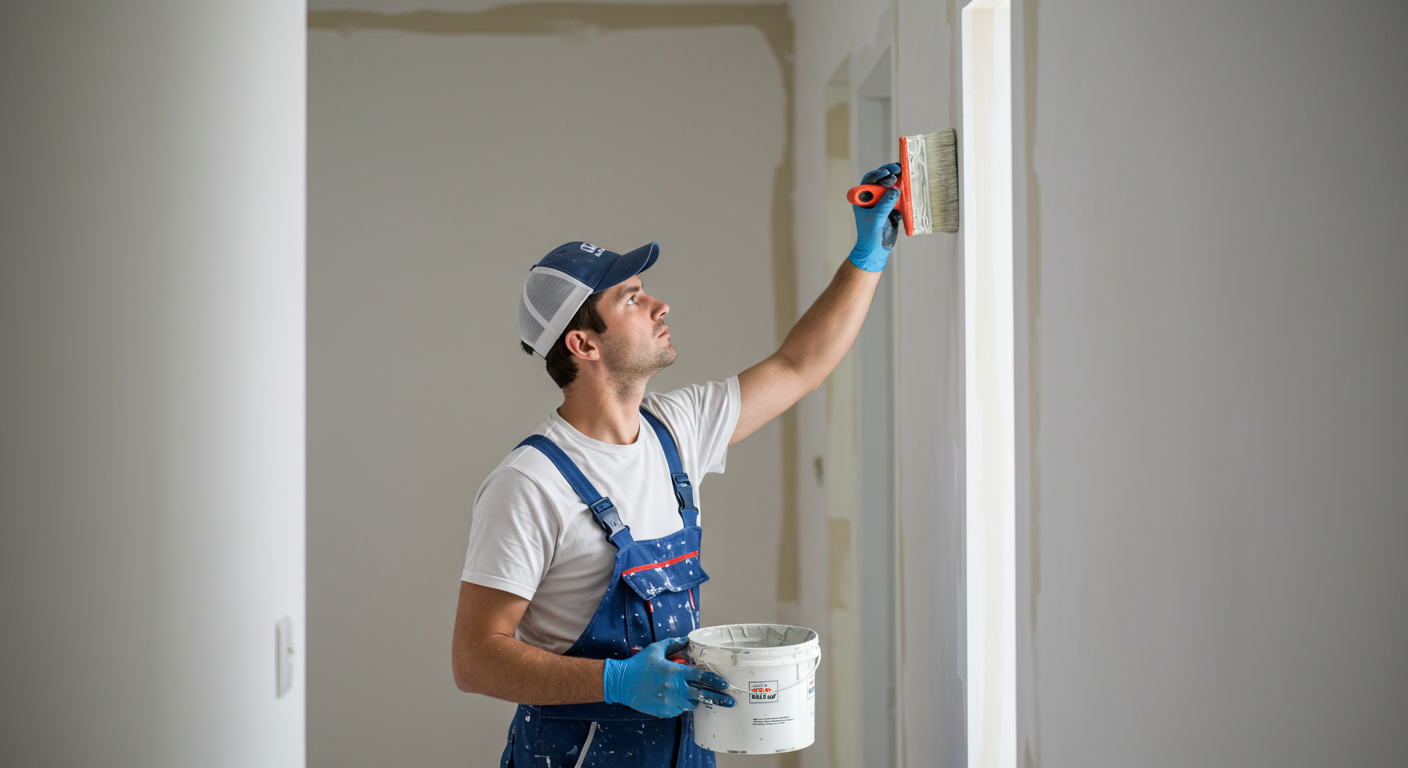 A professional painter in a bright, well-lit room, carefully applying paint to a wall. The painter is focused and uses high-quality tools, showcasing attention to detail.