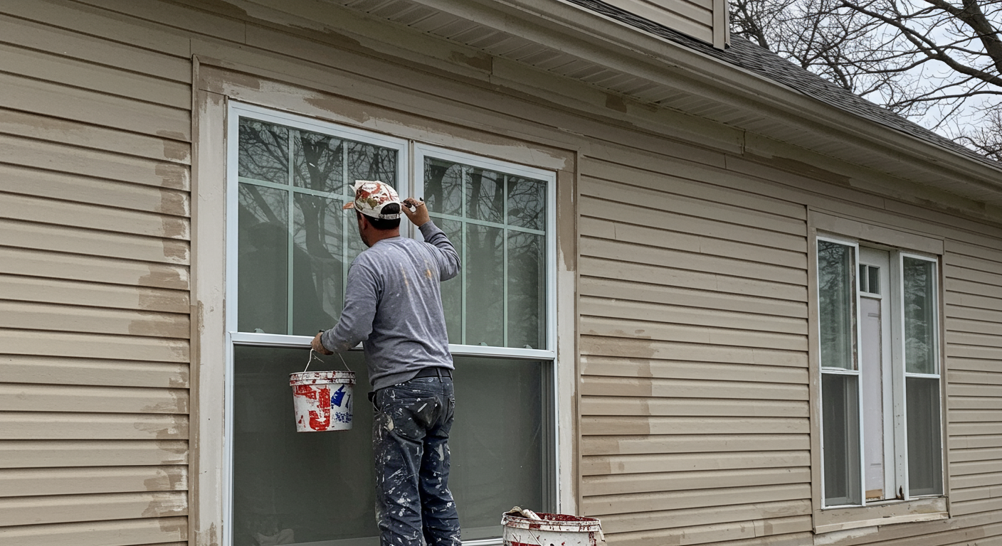 A professional painter applying a fresh coat of vibrant paint to the exterior of a charming house in Warren, OH.