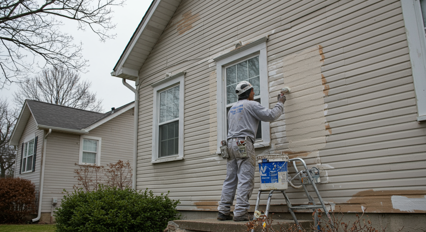 A professional painter in a clean uniform meticulously painting the exterior of a charming suburban home in Huber Heights. The painter is focused on detail, showcasing a high-quality finish.
