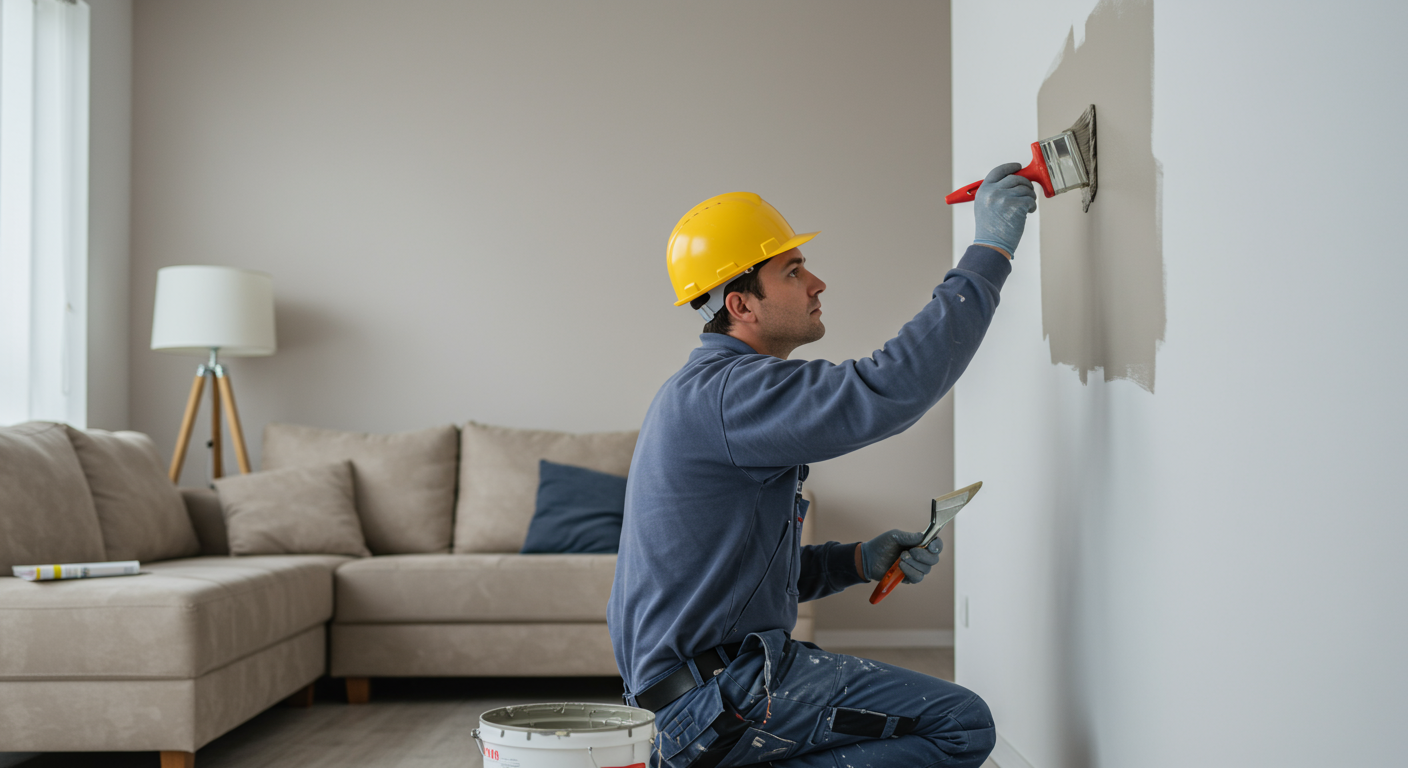 A skilled painter in a residential setting, meticulously applying a fresh coat of paint to a living room wall. The painter is focused, showcasing their expertise and attention to detail.