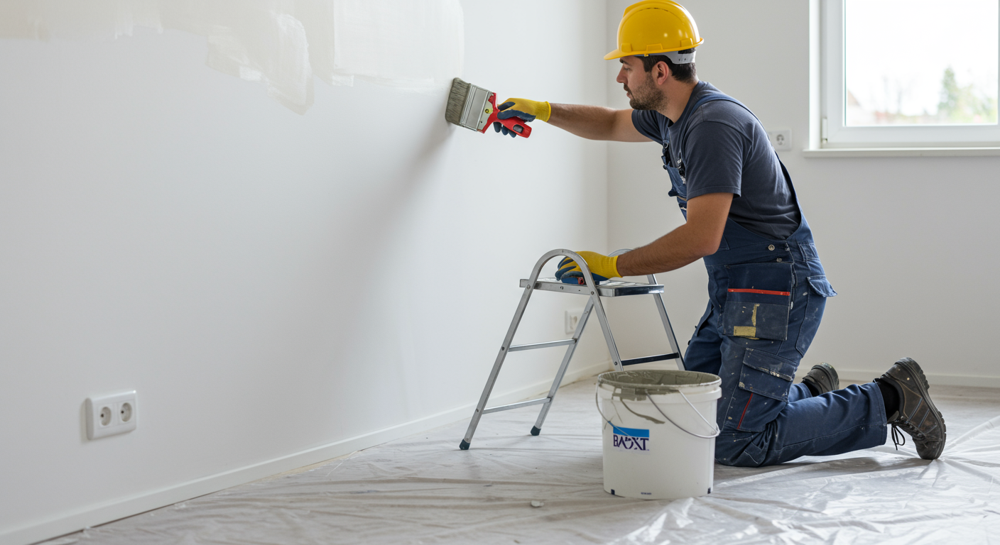 A professional painter in a clean, well-lit living room, carefully applying a fresh coat of paint to the walls. The painter is focused and wearing protective gear, showcasing professionalism.