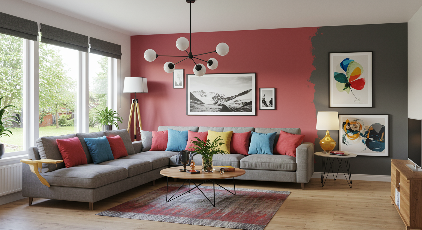 A beautifully painted living room interior, showcasing a modern design with vibrant colors and stylish decor. This image represents the transformation that quality painting can bring to a home, appealing to potential customers.