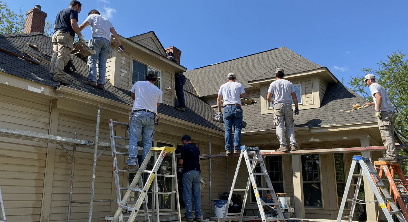 A team of professional painters collaborating on a large house exterior, using ladders and scaffolding. The scene conveys teamwork and efficiency, with a bright blue sky in the background.