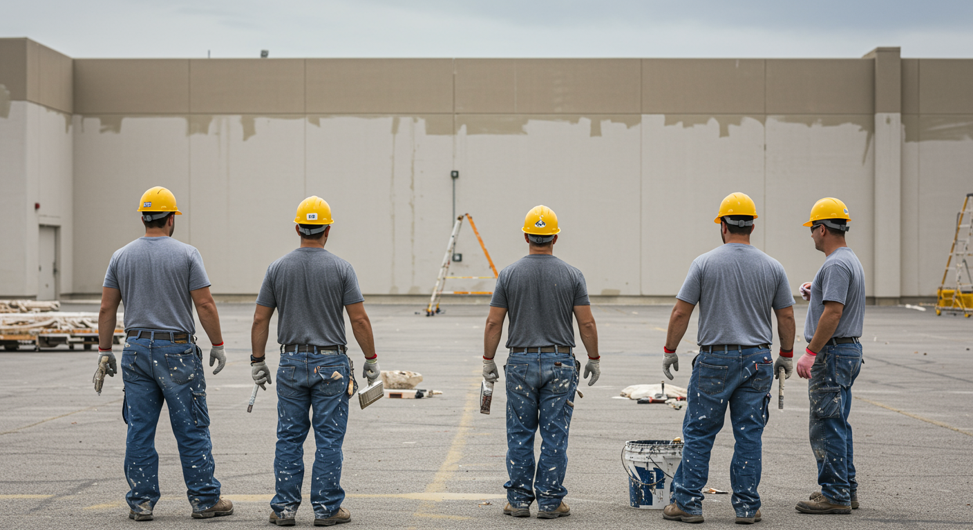 A team of professional painters collaborating on a large commercial building project, showcasing teamwork and professionalism.