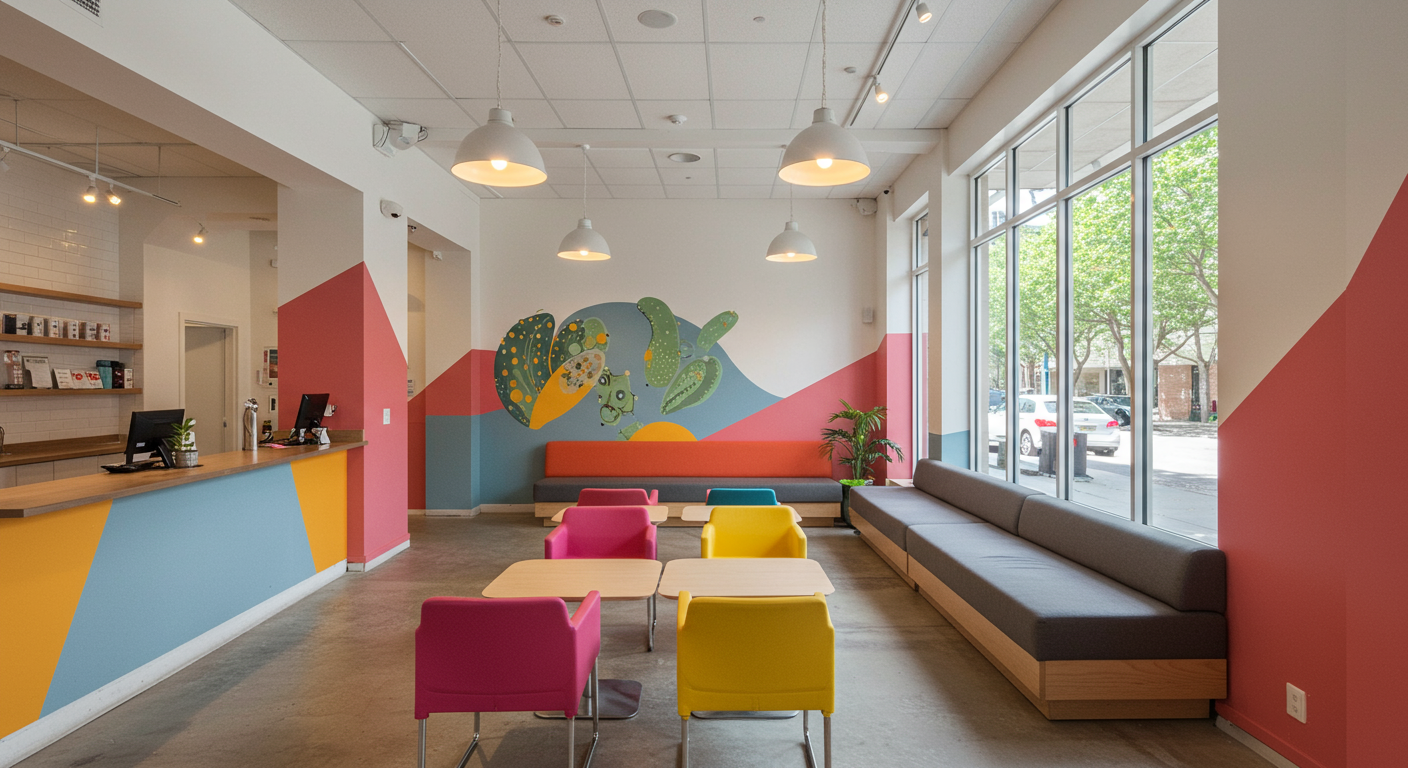 A beautifully painted commercial interior, featuring bright colors and modern furnishings. The image captures a welcoming atmosphere with natural light streaming in through large windows.