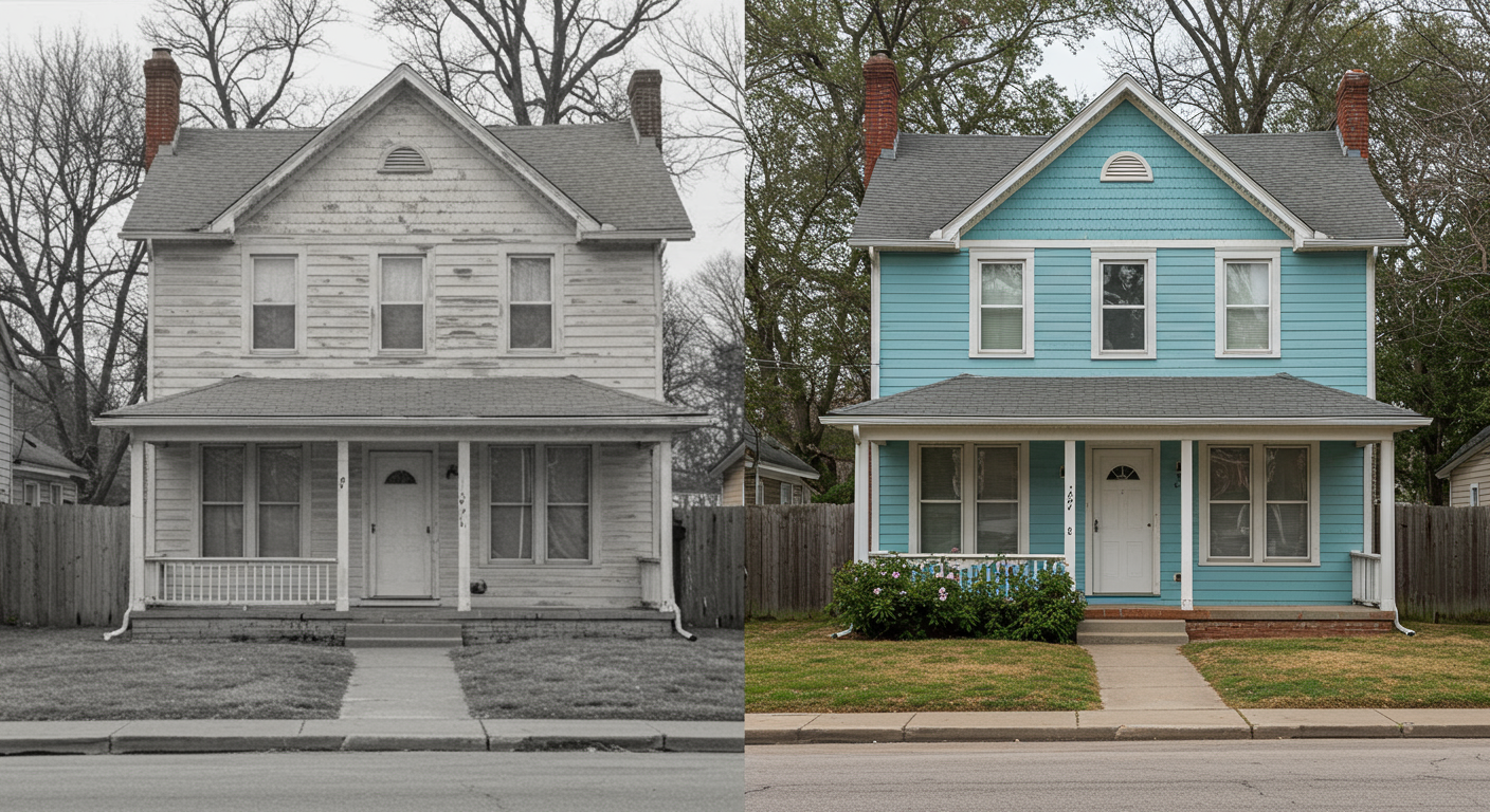 A split image showcasing a house before and after the painting process. The left side shows a faded exterior, while the right side displays a vibrant, freshly painted home.