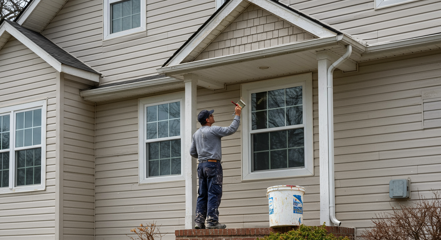 A professional painter is seen carefully painting the exterior of a charming suburban home in Beavercreek, OH. The painter is wearing a uniform and using a high-quality paintbrush, showcasing attention to detail.