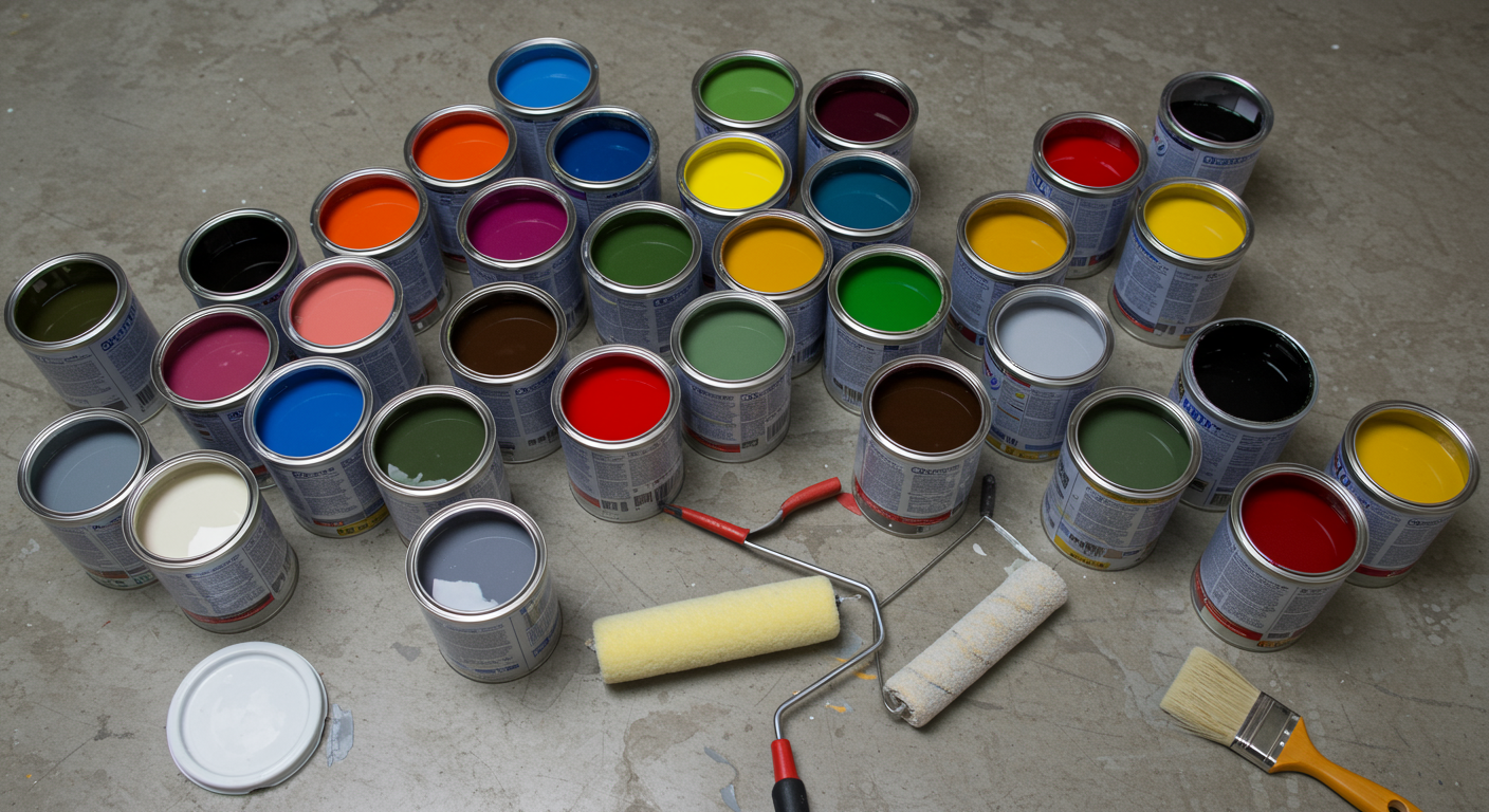 An array of paint cans in various vibrant colors arranged artistically on a garage floor, with a painter's brush and roller nearby, showcasing the options available for garage painting.