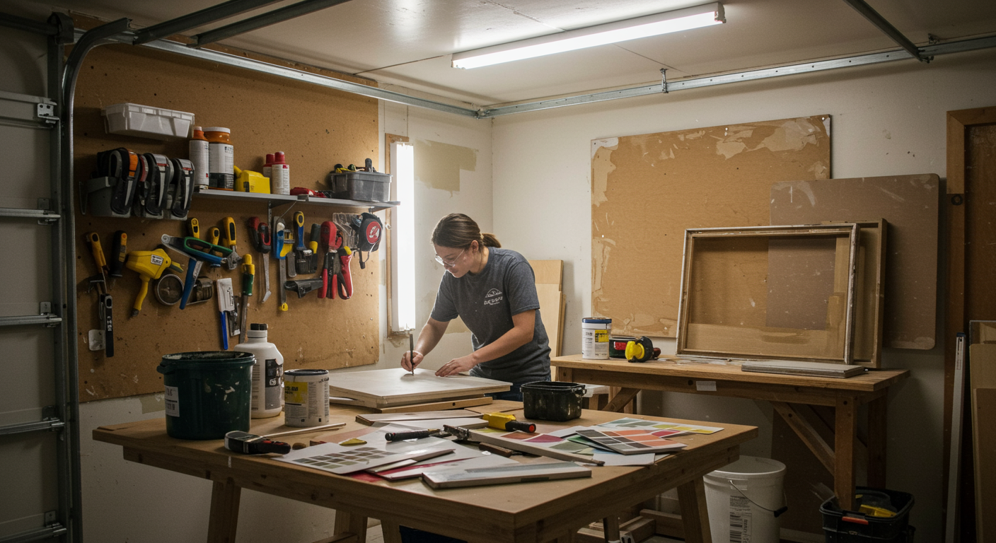 A DIY enthusiast in a well-lit garage, preparing to paint a piece of furniture. The workspace is organized with tools, paint cans, and a color palette spread out.