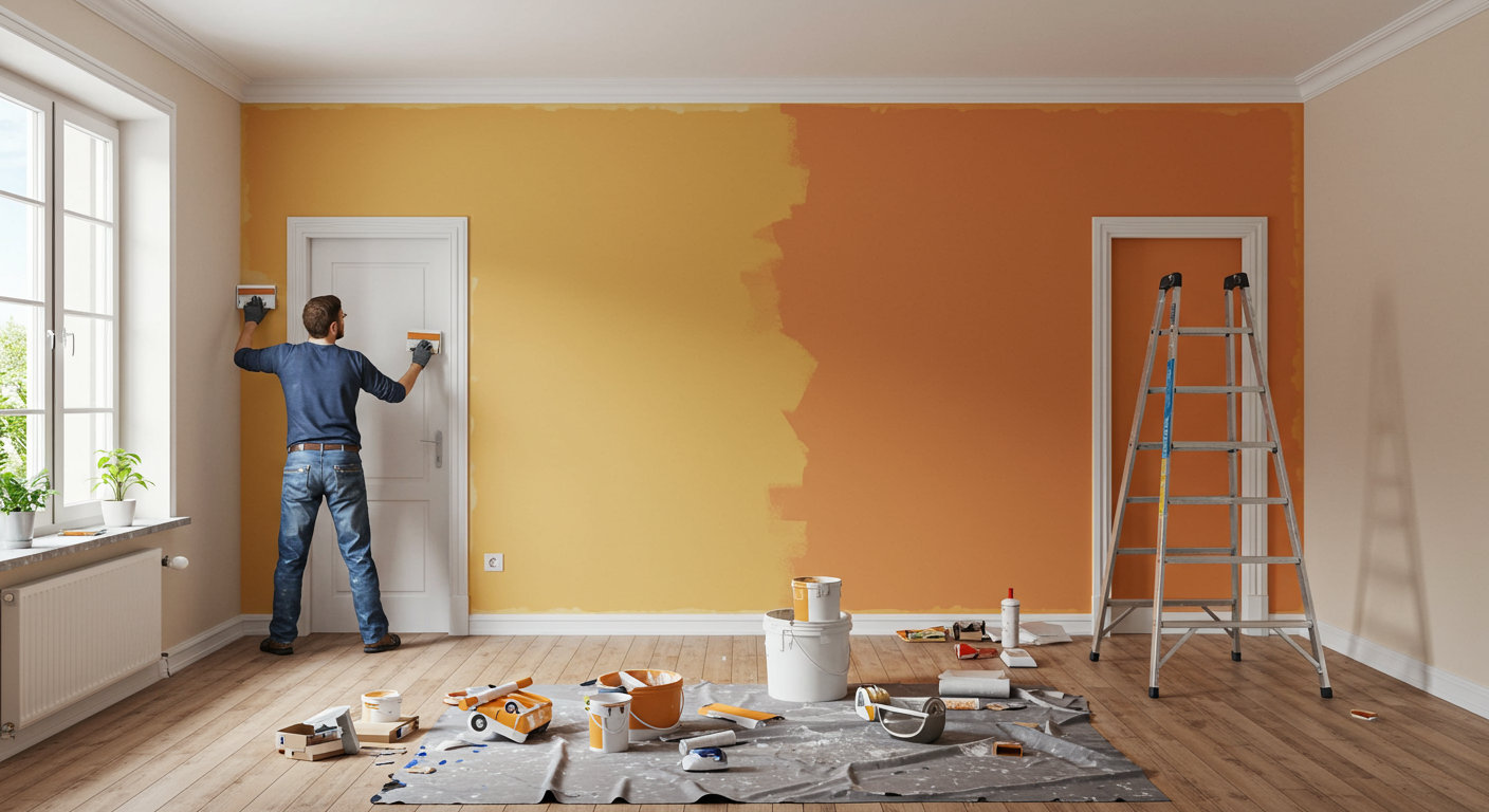 A vibrant interior living room featuring freshly painted walls in a warm, inviting color. The scene includes a painter carefully applying the final touches to the wall, with paint supplies and a ladder in the background.
