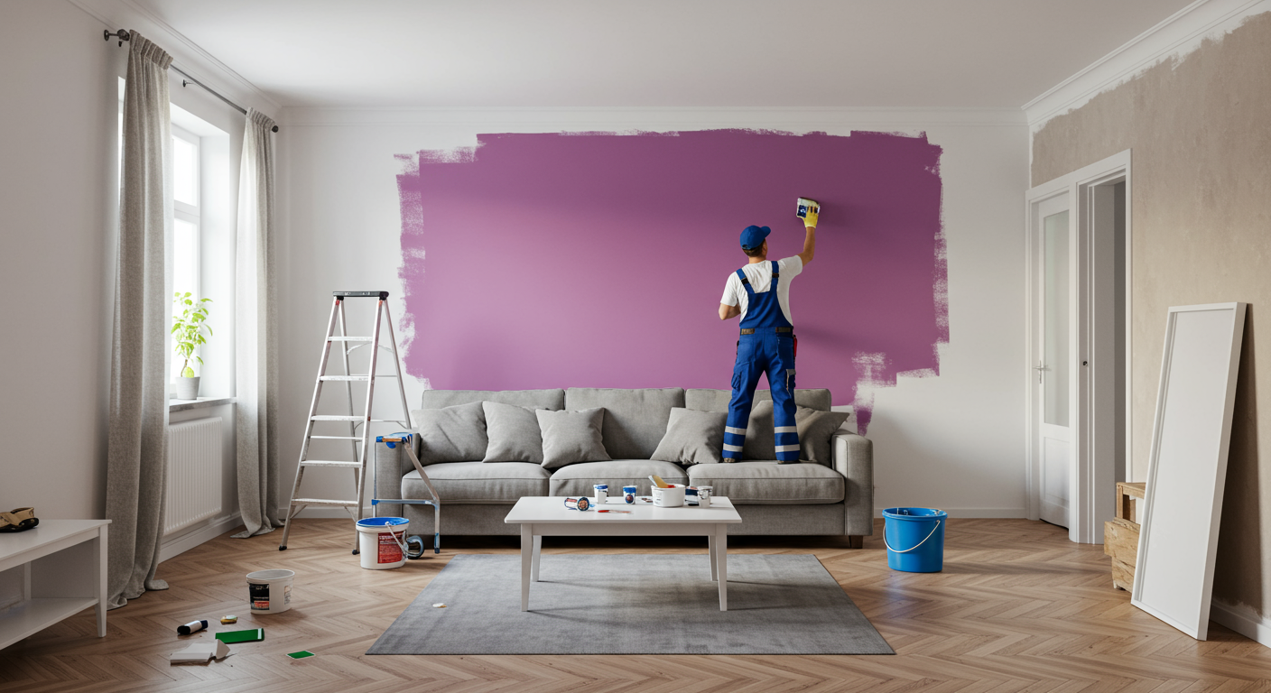 A professional painter applying a fresh coat of vibrant paint to a living room wall, showcasing the transformation of the space.