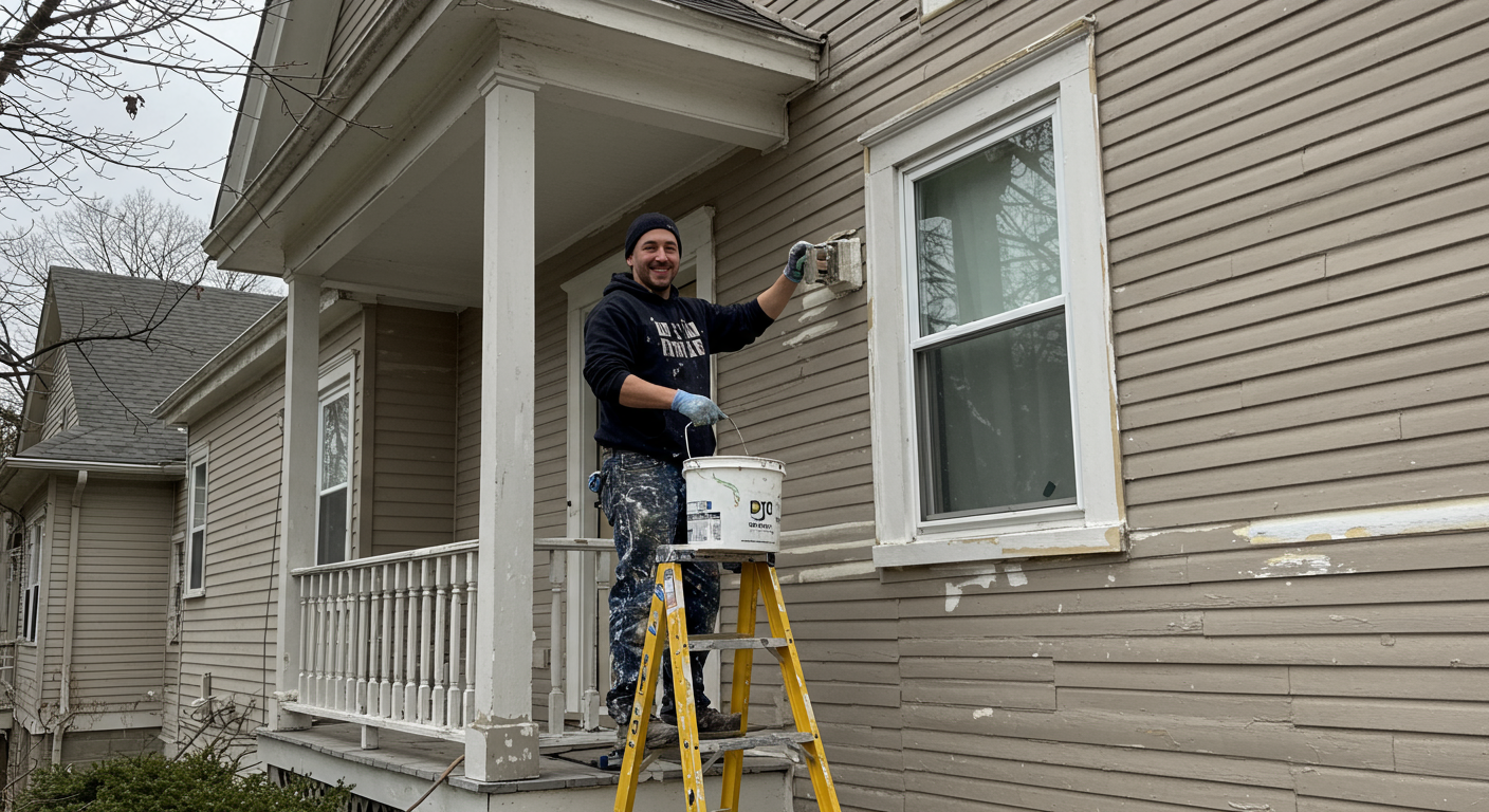 A cheerful local painter applying a fresh coat of paint to the exterior of a charming Westerville home. The painter is smiling, showcasing a sense of pride in their work.