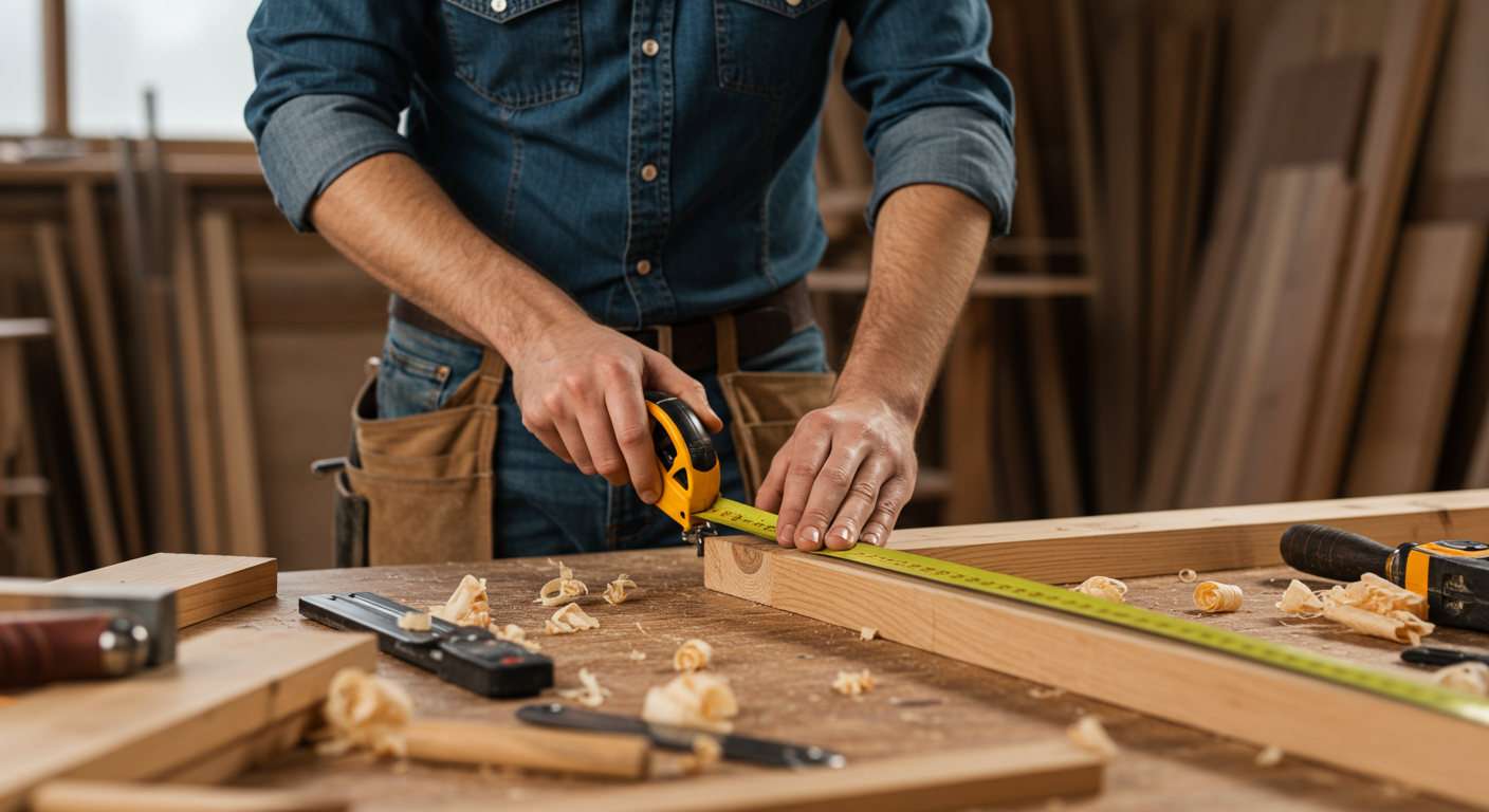 A skilled carpenter is seen measuring and cutting wood in a well-lit workshop filled with tools and wood pieces. The focus is on the carpenter's hands and the precision of the work.