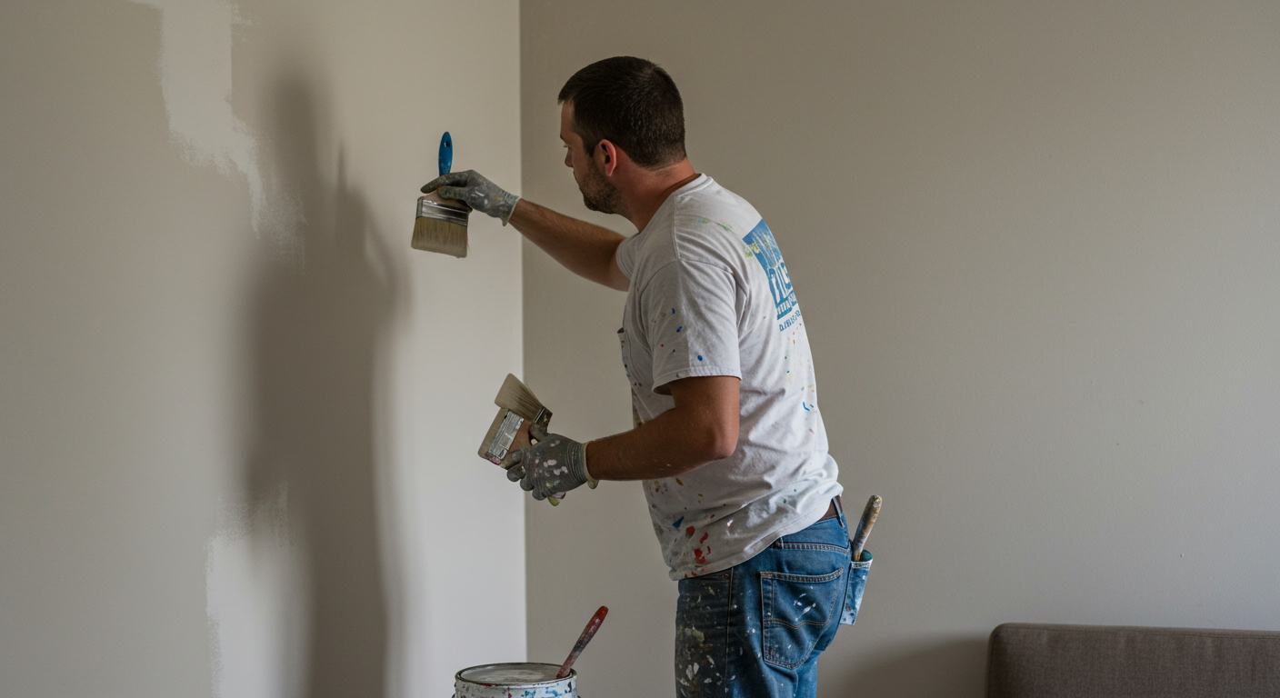 A local painter in Akron, OH, is seen painting a living room wall. The painter is focused and wearing a paint-splattered shirt, showcasing the hands-on nature of the job. Tools like brushes and paint cans are visible.