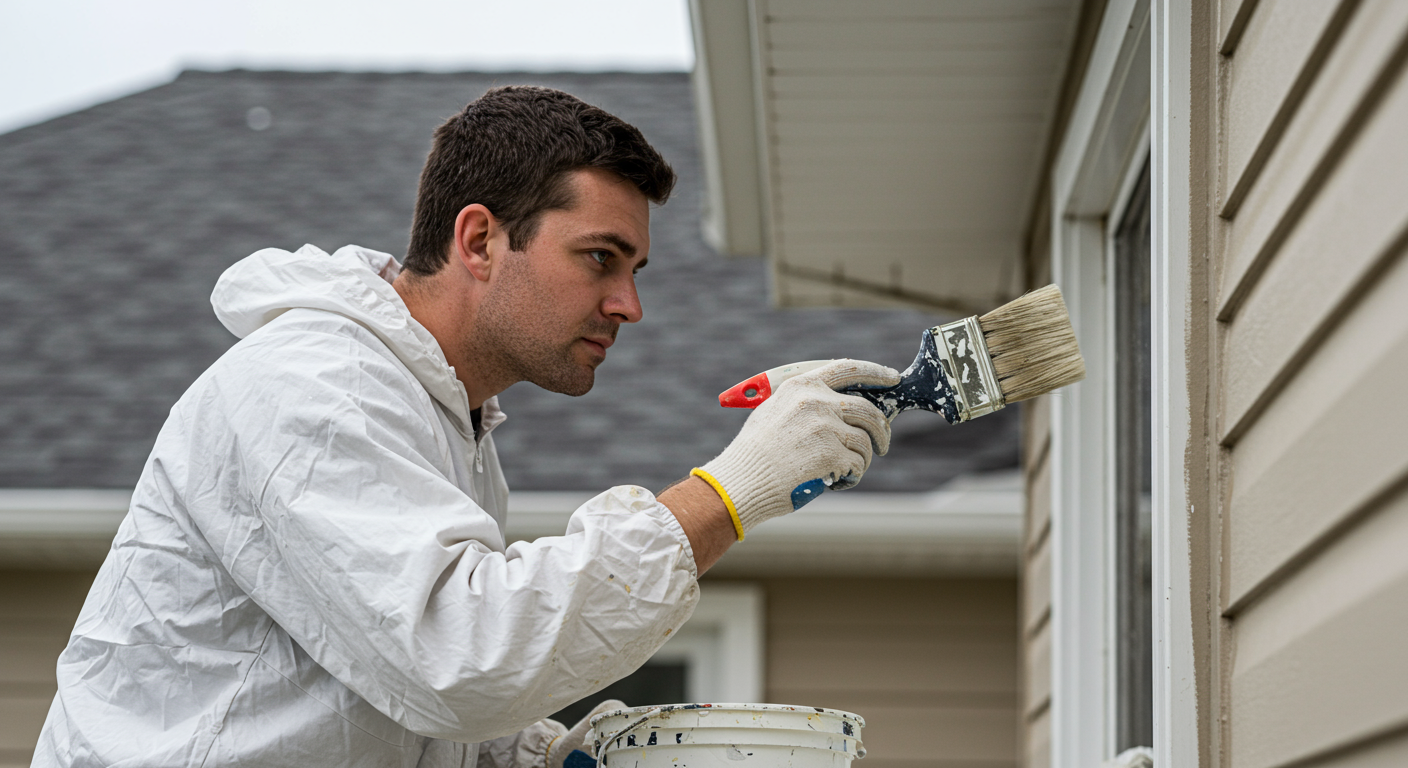 A professional painter in action, applying a fresh coat of paint to a residential home. The painter is focused and wearing protective gear, showcasing the craftsmanship involved in the job.