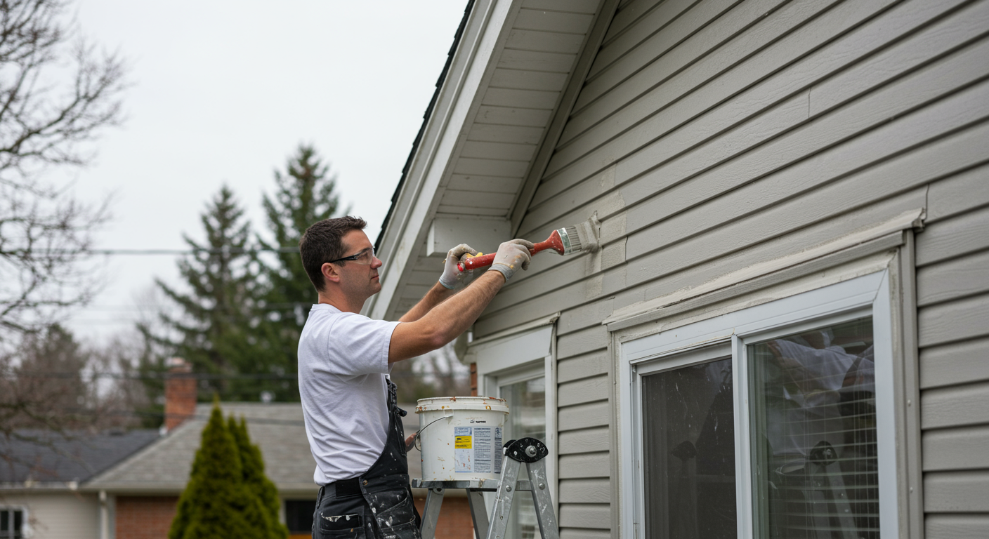 A skilled painter applying a fresh coat of paint to the exterior of a charming suburban home. The painter is focused and professional, showcasing quality workmanship.