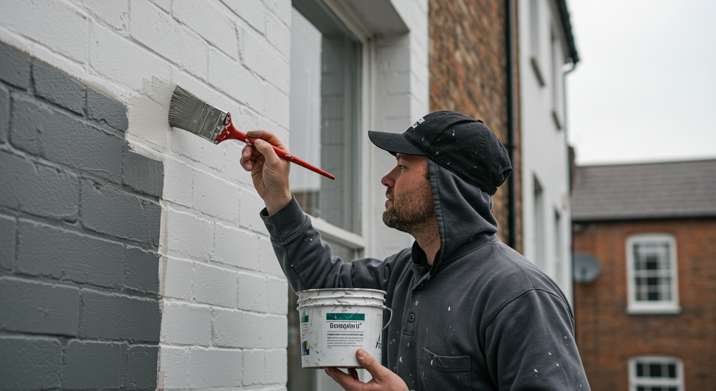 A skilled painter in action, applying a fresh coat of paint to a charming Dublin home. The painter is focused, showcasing their technique with a brush in hand.
