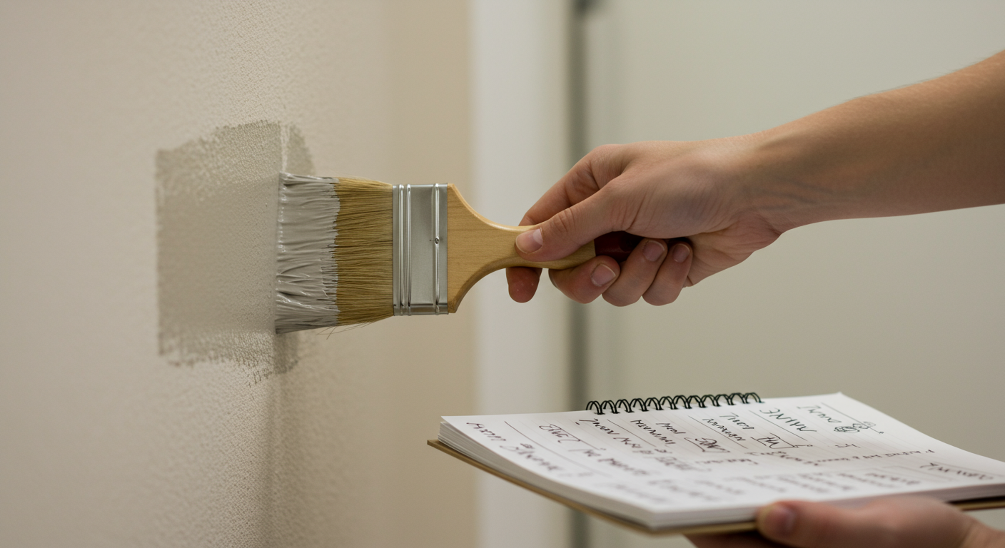 A close-up of a painter's hand applying a fresh coat of paint on a wall, with a subtle overlay of various name ideas sketched out on a notepad beside the paint can.