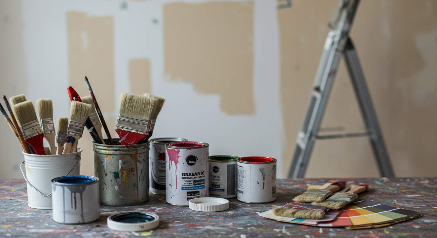 A well-organized workspace for painting, featuring an array of paint cans, brushes, and a color palette. The background includes a wall ready for painting, highlighting the preparation stage.