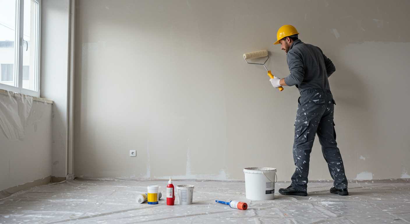 A skilled local painter in action, carefully painting a wall with a roller. The scene captures the painter's focus and professionalism, with paint supplies neatly arranged nearby.