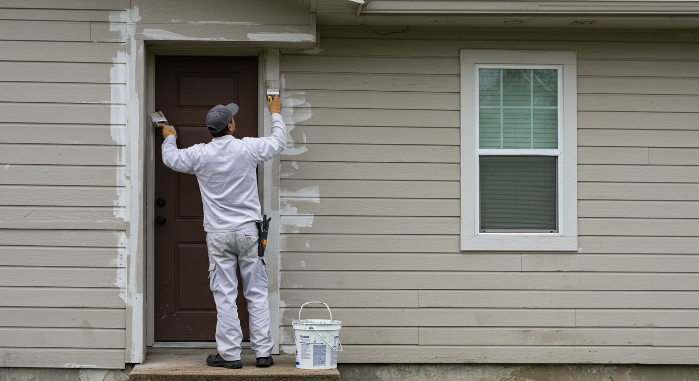 A professional painter in a clean uniform is applying a fresh coat of paint to the exterior of a charming suburban home. The scene captures the painter in action, showcasing their skill and attention to detail.