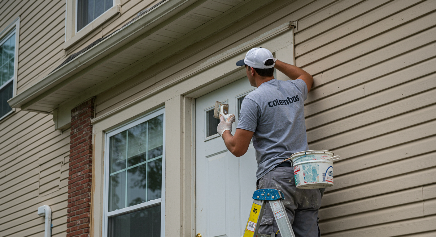 A skilled painter in a uniform is carefully applying a fresh coat of paint to the exterior of a charming Columbus home. The focus is on the painter's technique, showcasing attention to detail.