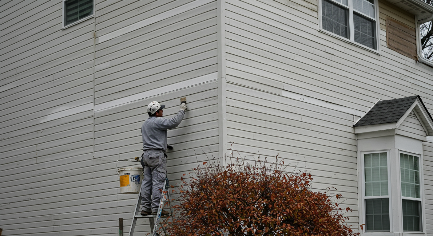 A skilled painter in uniform meticulously painting the exterior of a charming suburban home in Huber Heights. The scene captures the painter in action, showcasing the precision of their work.
