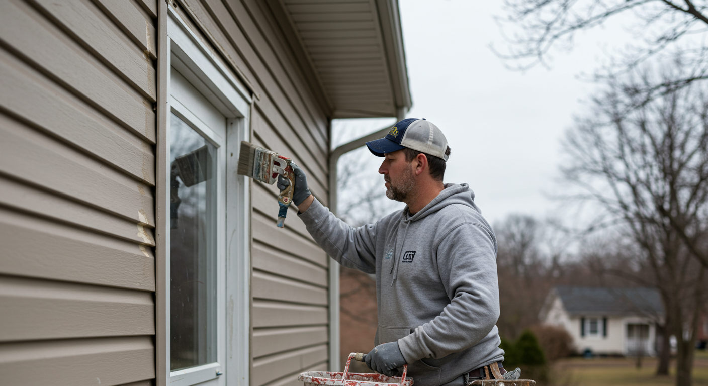A skilled painter carefully applying a fresh coat of paint to the exterior of a charming suburban home in Strongsville. The painter is focused and wearing protective gear, showcasing professionalism.