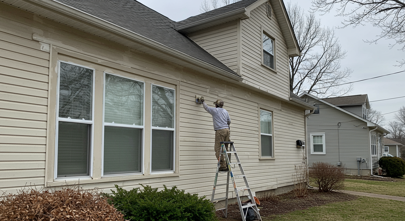 A local painter applying a fresh coat of paint to the exterior of a charming suburban home in Grove City. The scene captures the painter mid-action, showcasing their skill and attention to detail.