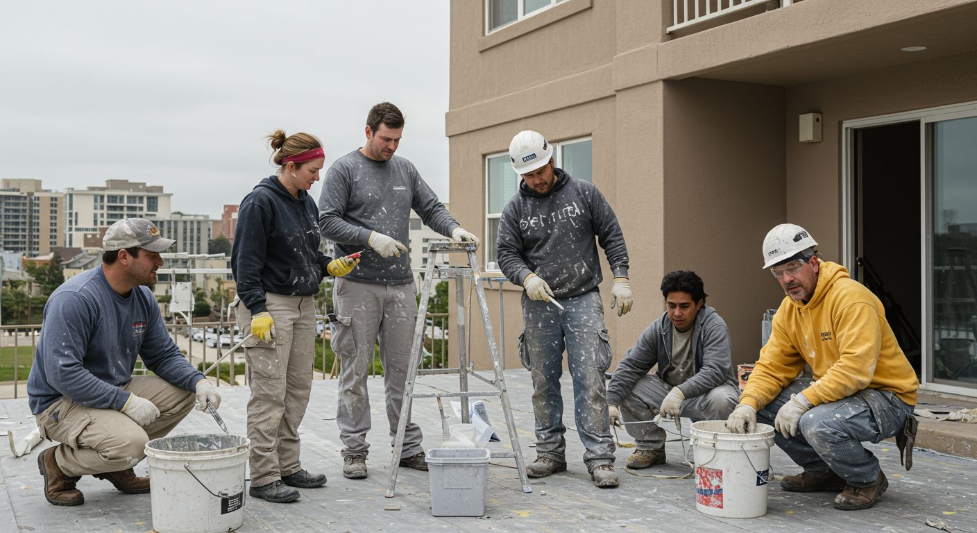 A team of professional painters collaborating on an exterior condo project, showcasing teamwork and the use of high-quality equipment and materials.