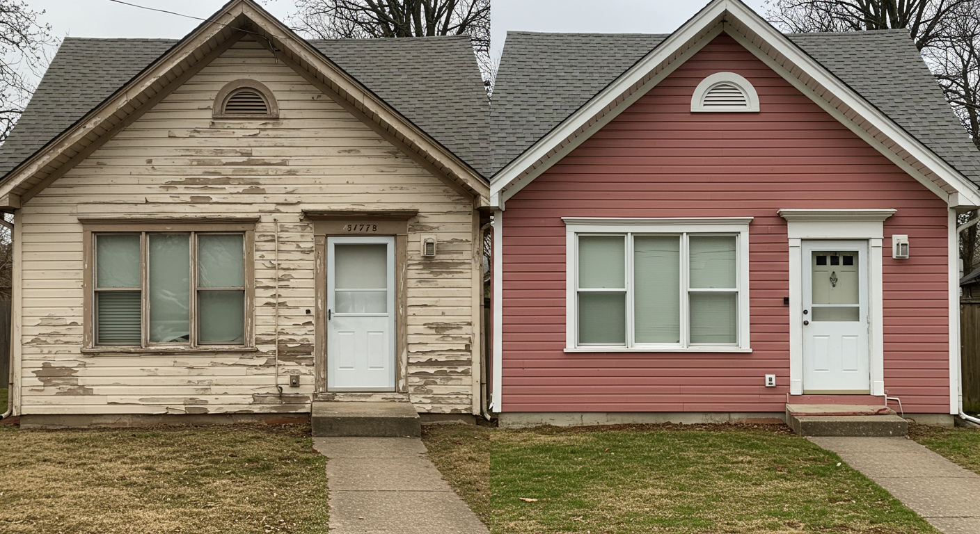 A split image showing a home's exterior before and after a professional paint job. The left side shows a faded, peeling surface, while the right side displays a vibrant, freshly painted facade, highlighting the quality of services offered.