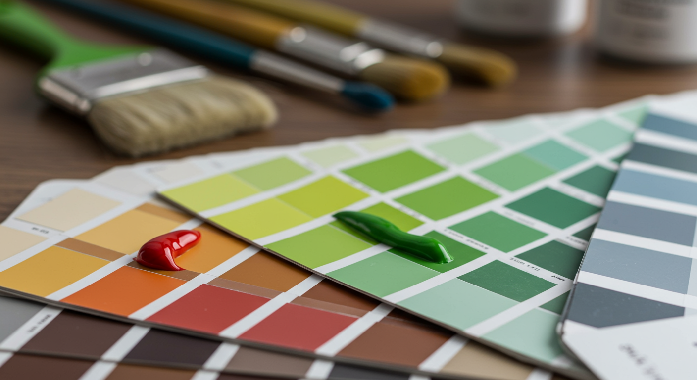 A close-up of a color palette with various paint swatches laid out. The image captures the essence of selecting colors for a painting project, with brushes and a small paint can in the background.