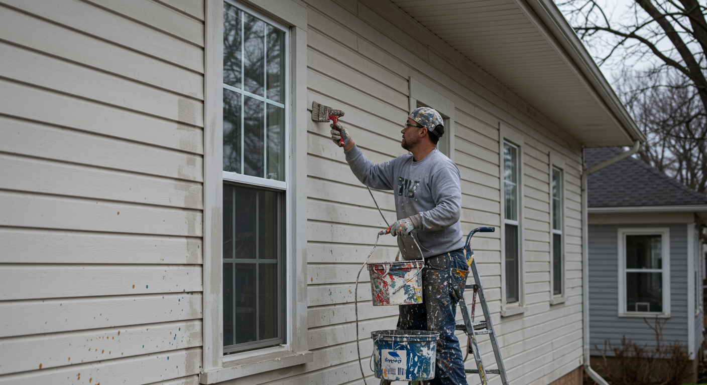 A local painter at work, carefully applying a fresh coat of paint to the exterior of a charming home in Warren, OH.