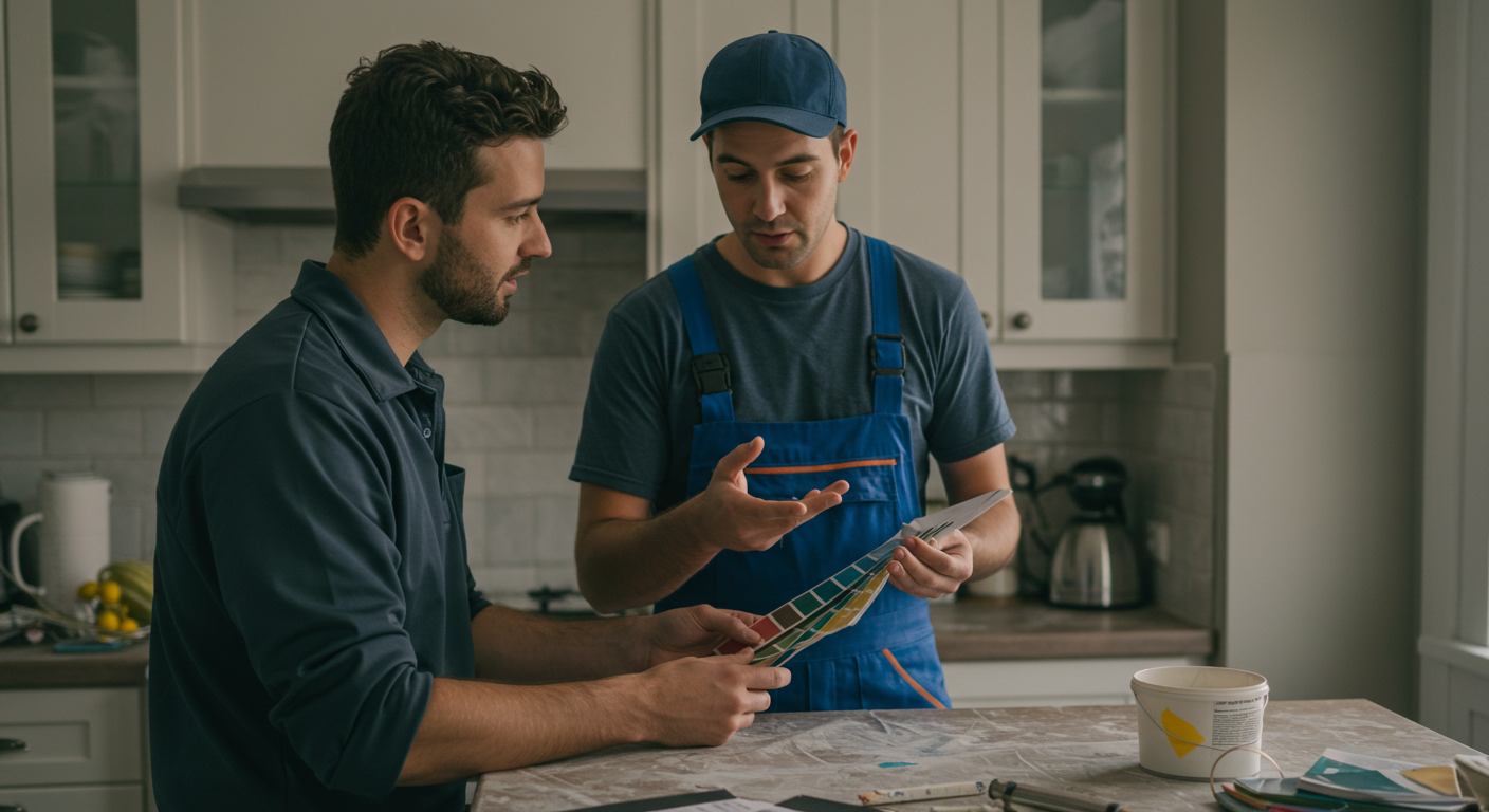 A painter discussing paint options with a homeowner in a cozy kitchen. The painter is showing color swatches while the homeowner looks engaged and interested.