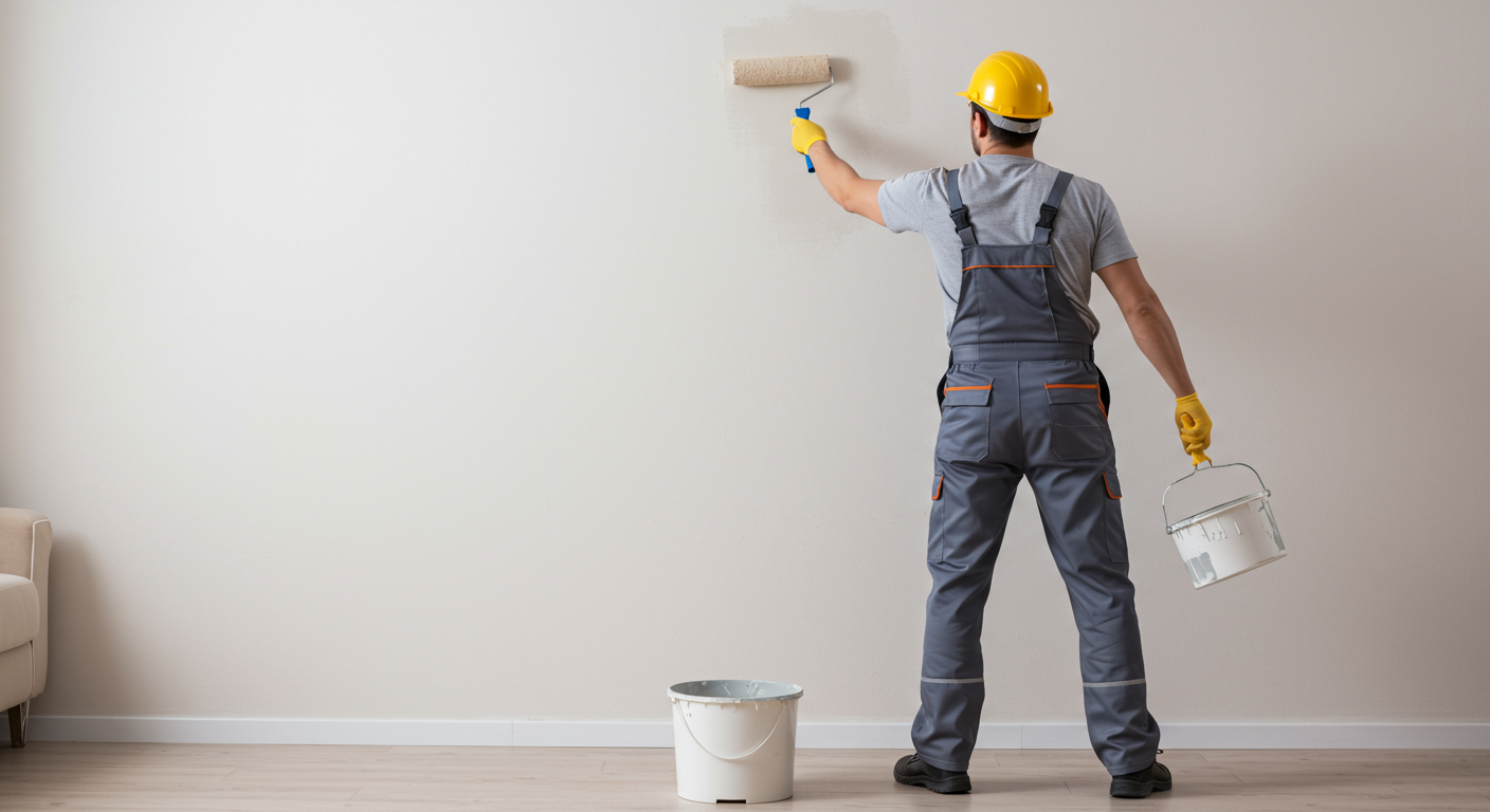 A professional painter in a clean uniform applying a fresh coat of paint to a living room wall. The painter is focused and using a roller, showcasing the process of transforming a space.